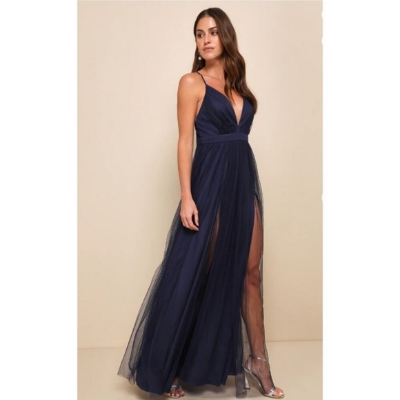 Lulus Dresses & Skirts - Lulu's v neck rare beauty blue mesh plunge sleeveless long maxi formal dress